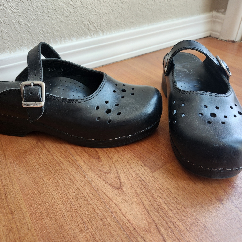 Dansko Black Leather Mules with Buckle